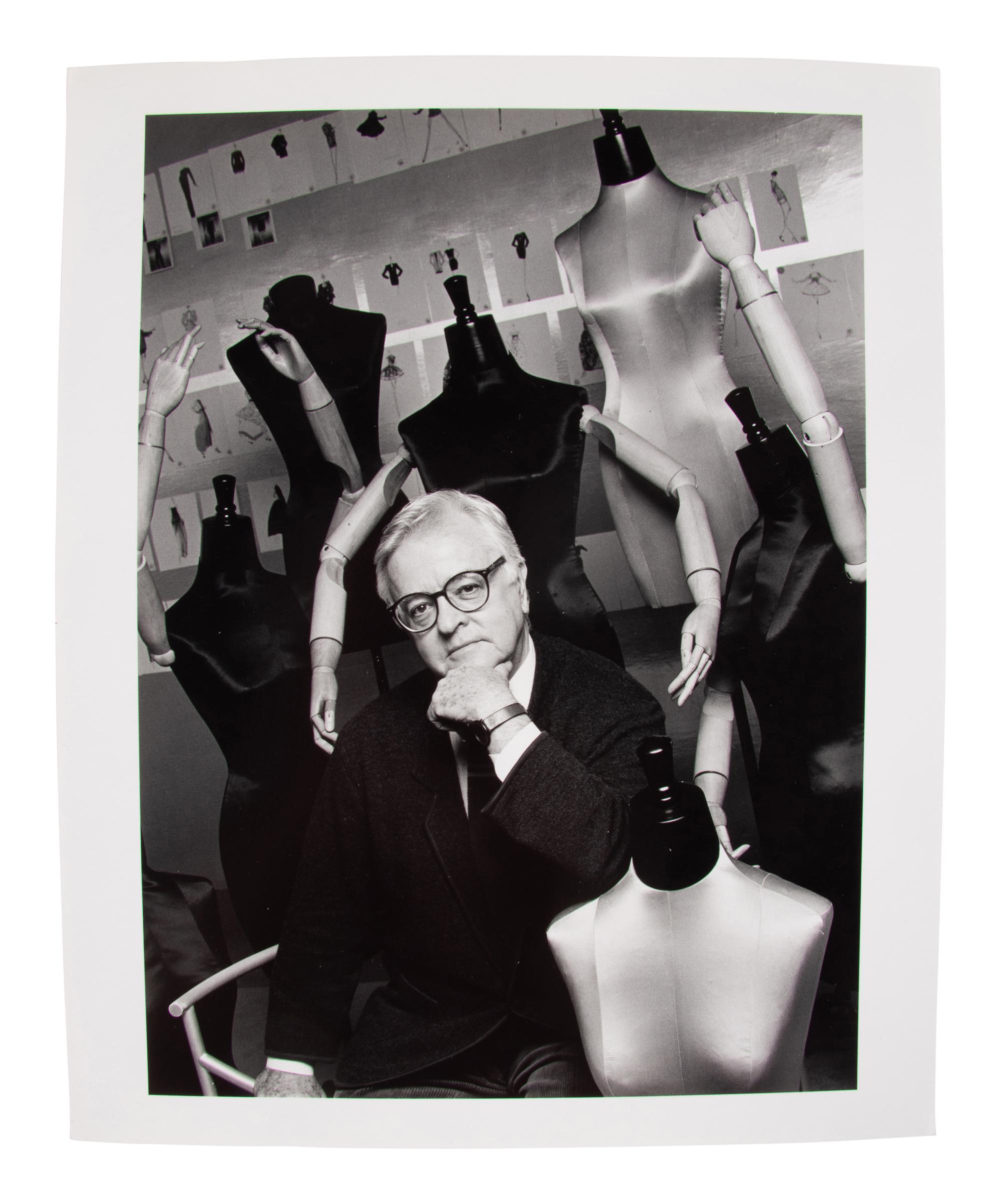 A Fashion Sketch by Geoffrey Beene & A Photo of Geoffrey Beene by Steven Caras