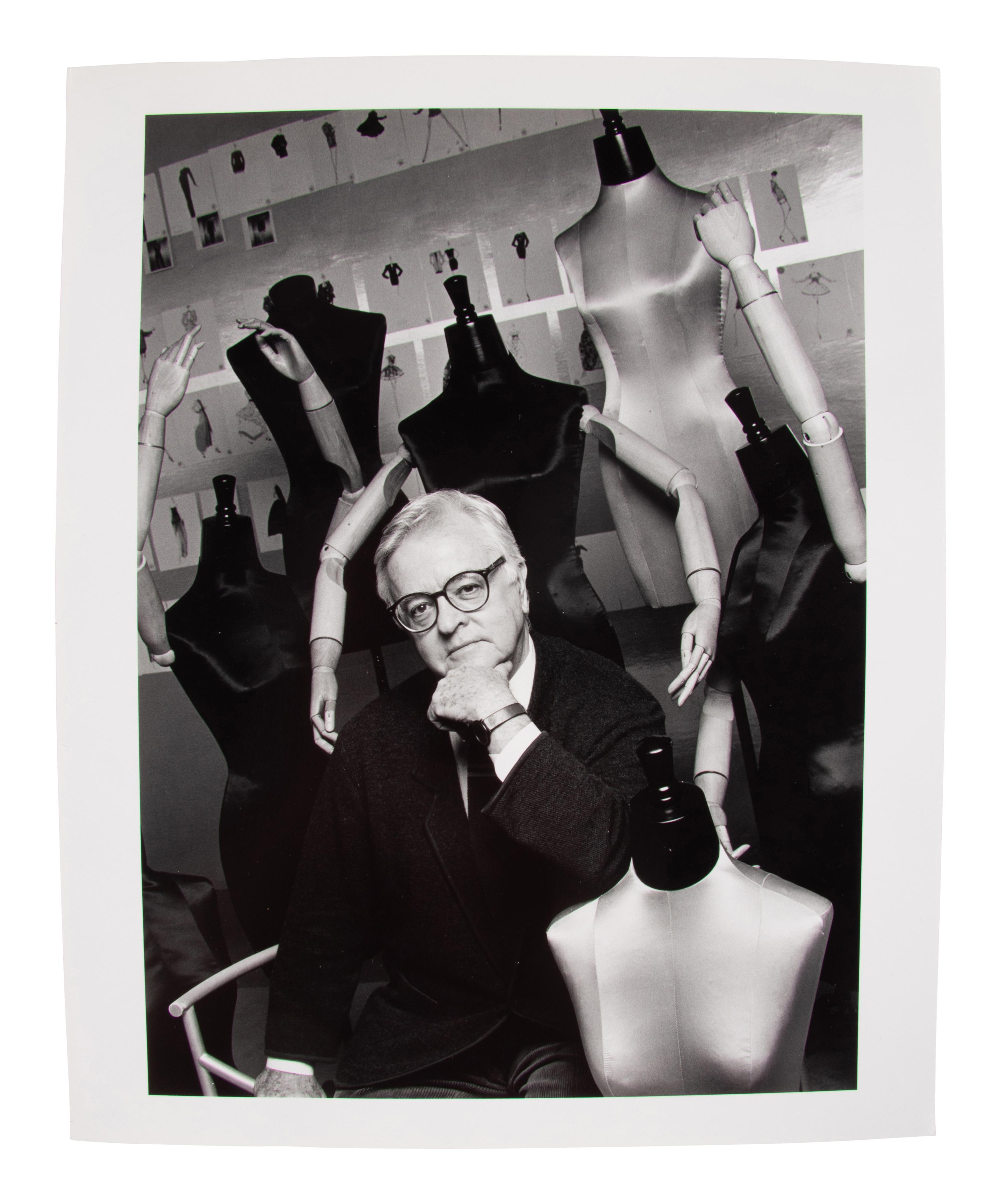 A Fashion Sketch by Geoffrey Beene & A Photo of Geoffrey Beene by Steven Caras