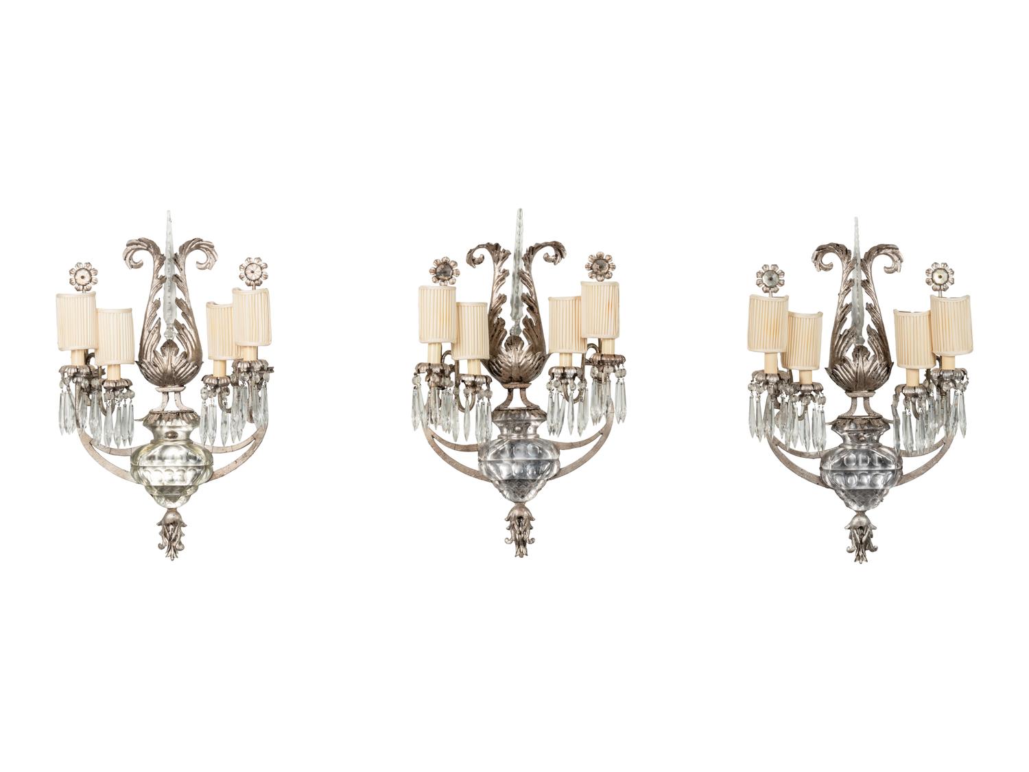 Three Rock Crystal and Silvered Metal Four-Light Sconces