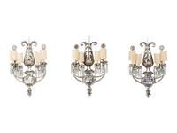Three Rock Crystal and Silvered Metal Four-Light Sconces
