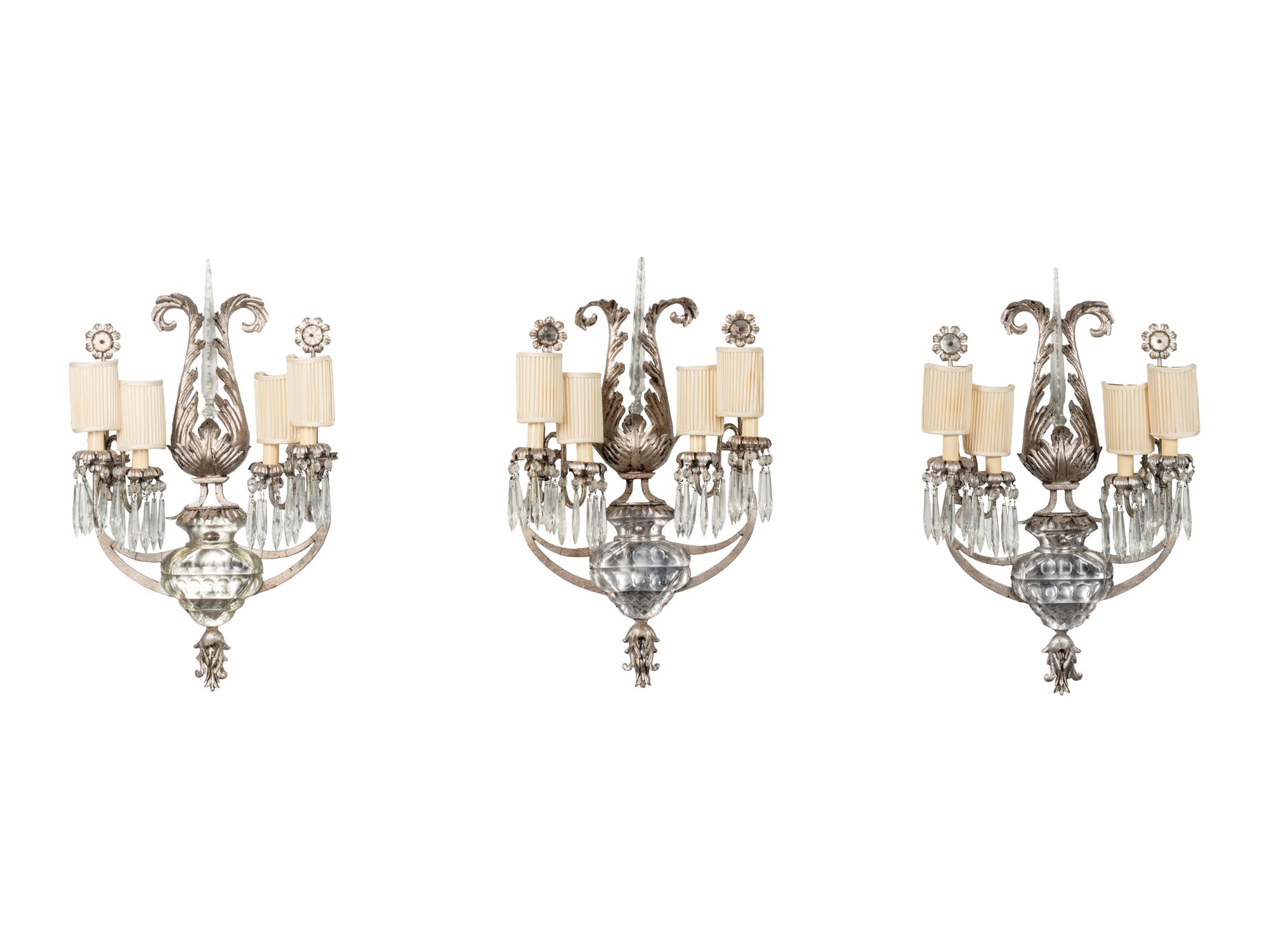 Three Rock Crystal and Silvered Metal Four-Light Sconces