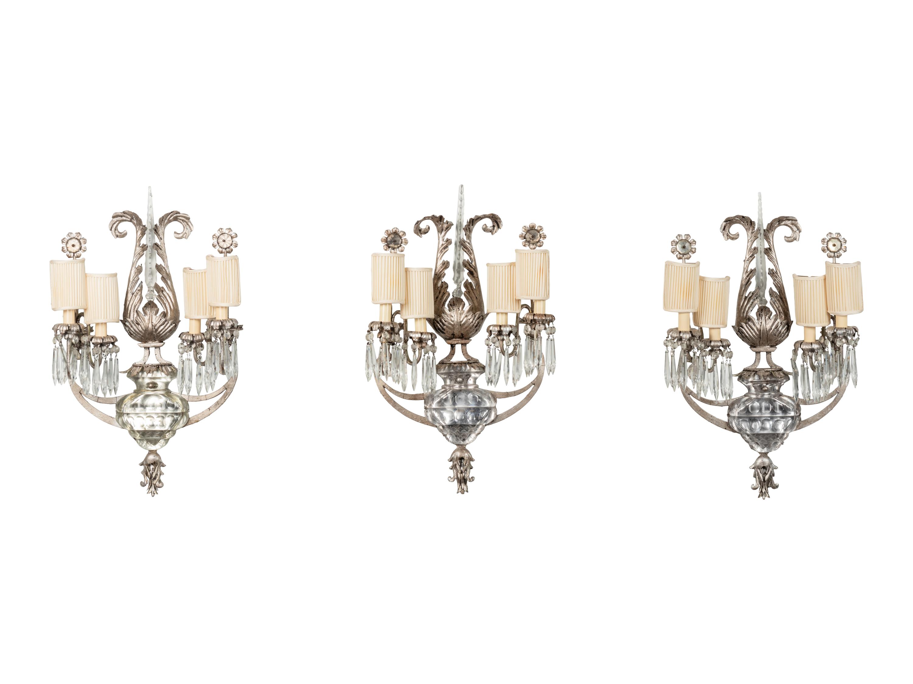 Three Rock Crystal and Silvered Metal Four-Light Sconces