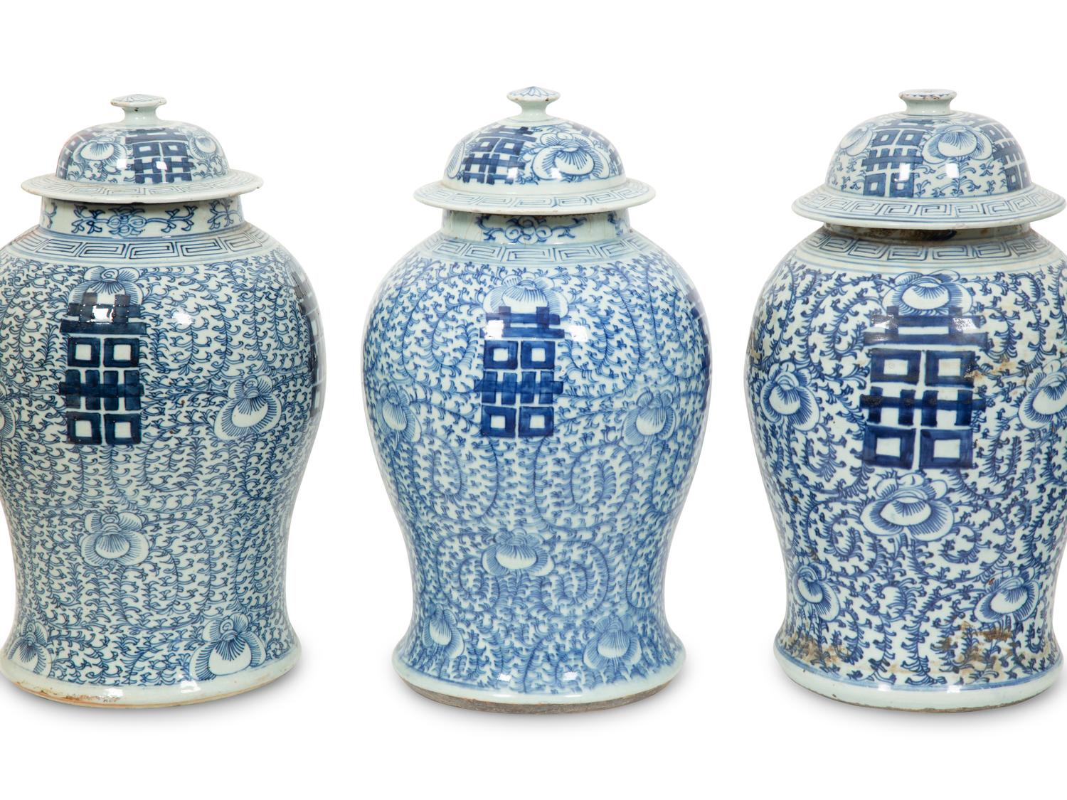 Five Chinese Blue and White Covered Ginger Jars