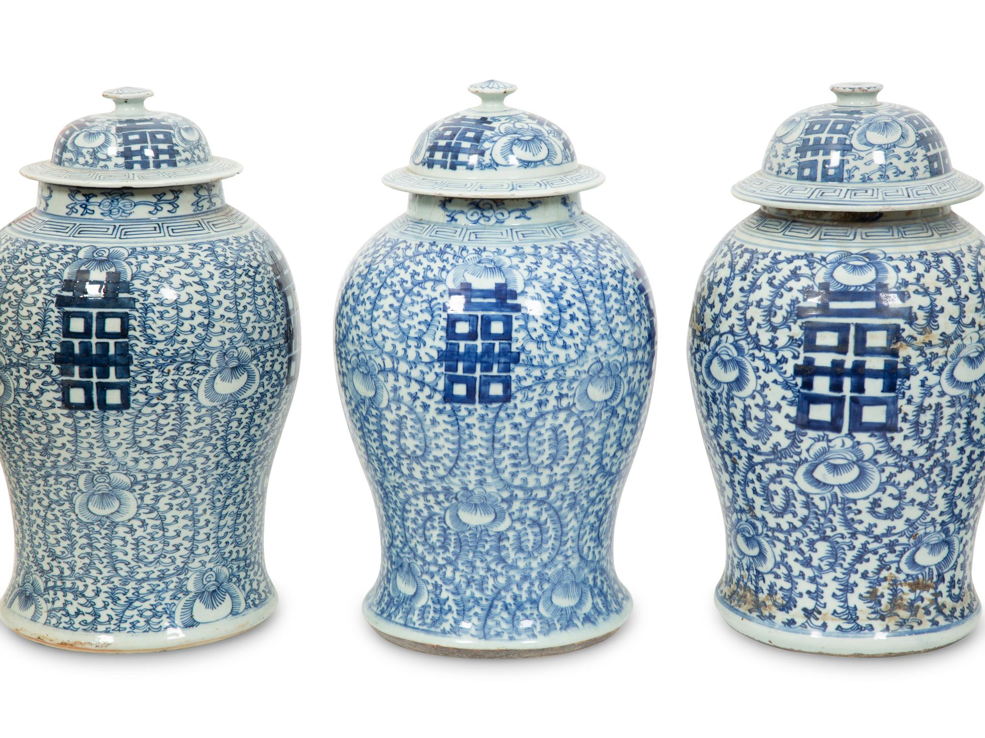 Five Chinese Blue and White Covered Ginger Jars