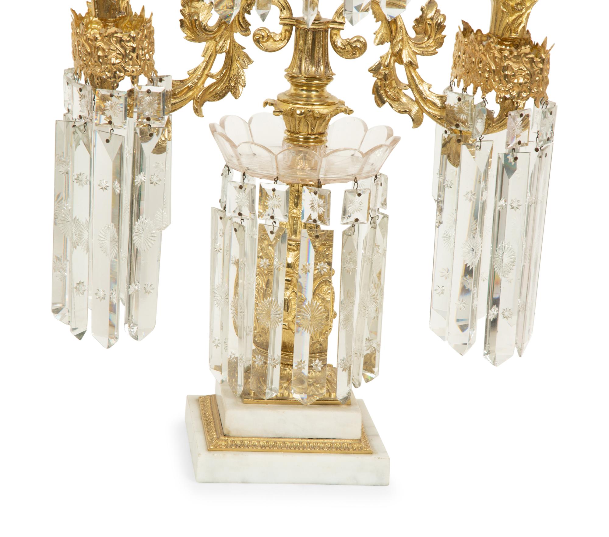 A Pair of Gilt Bronze and Marble Three-Light Candelabra