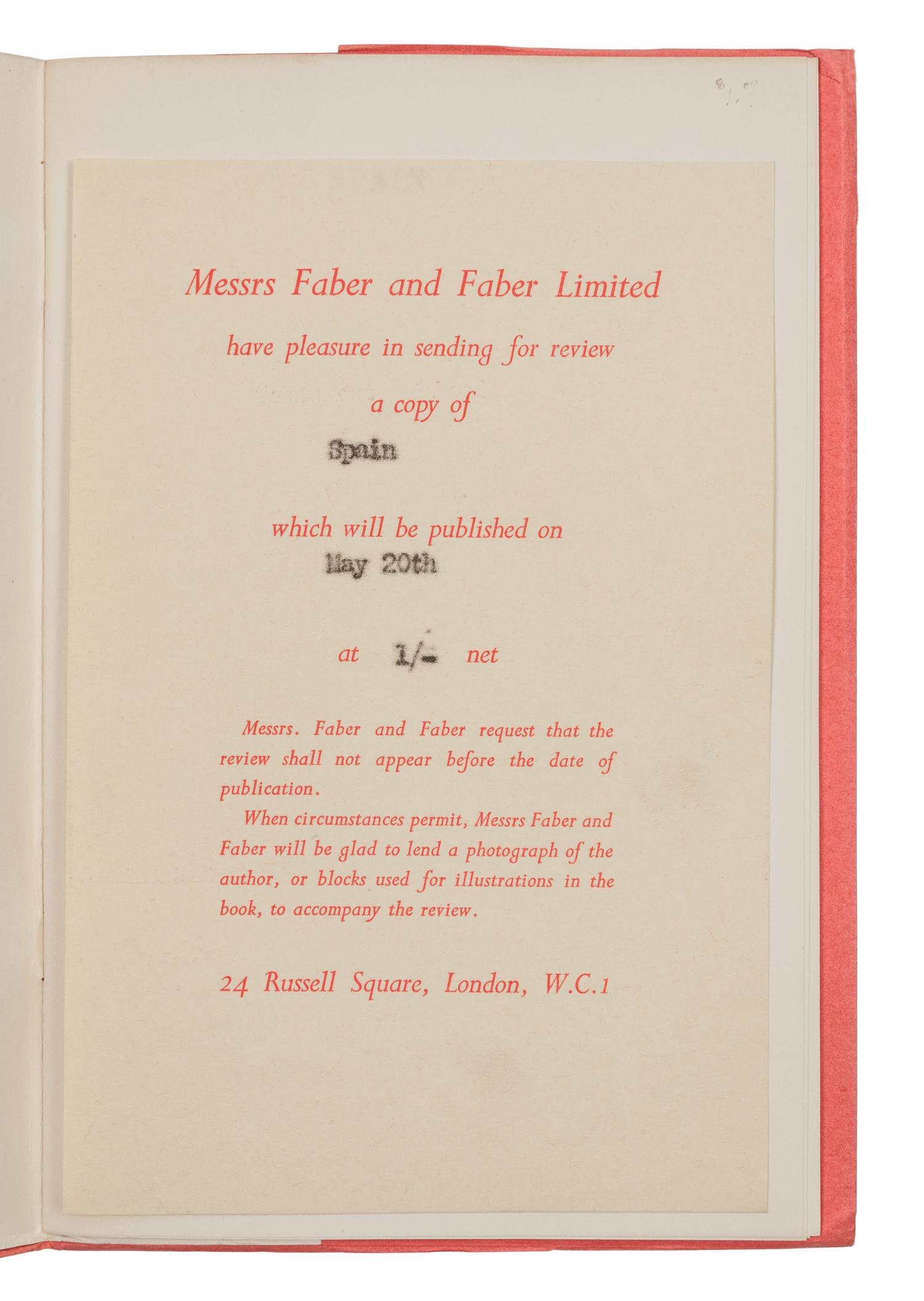 AUDEN, Wystan Hugh (1907-1973). Spain . London: Faber and Faber, 1937.
