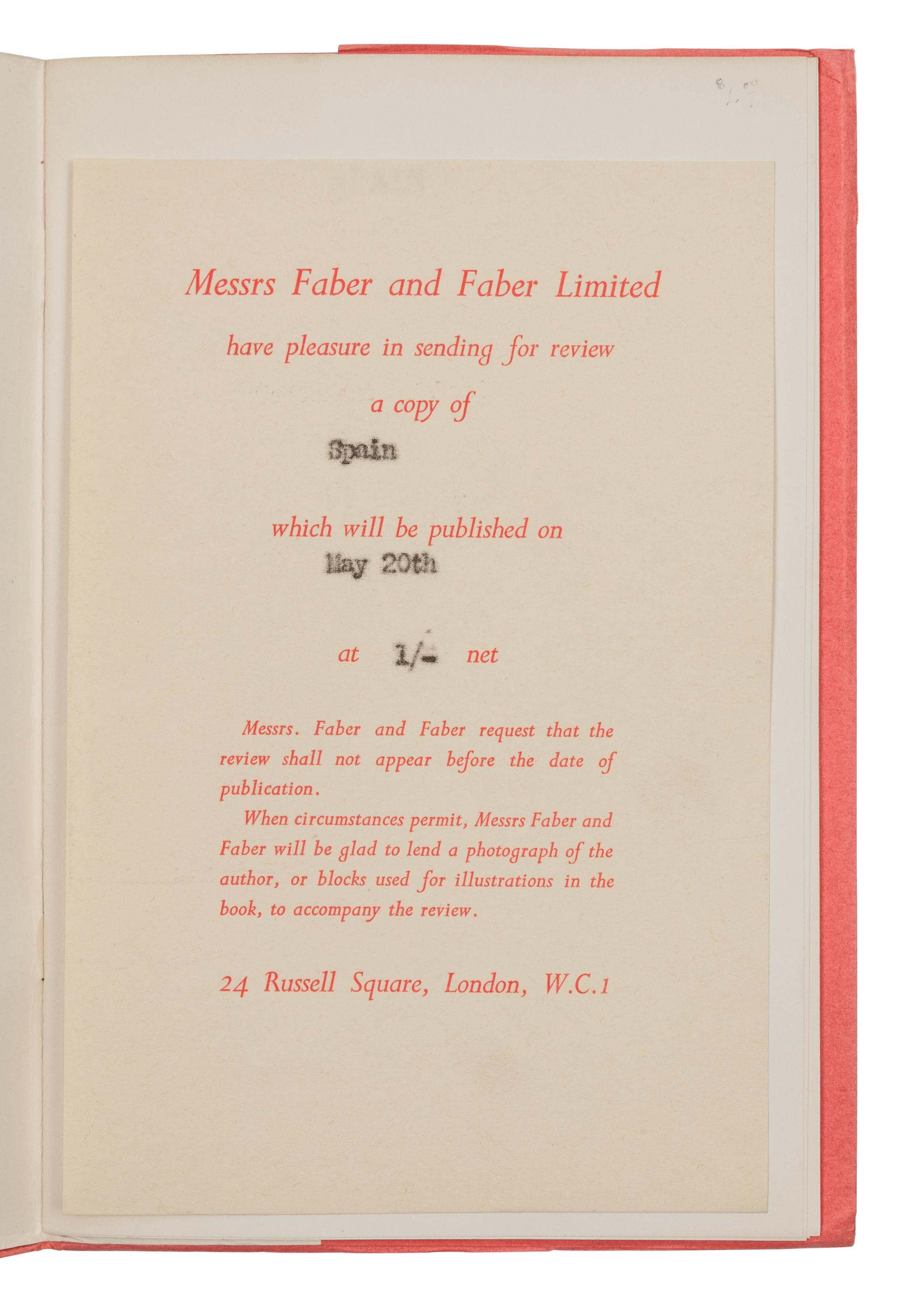 AUDEN, Wystan Hugh (1907-1973). Spain . London: Faber and Faber, 1937.