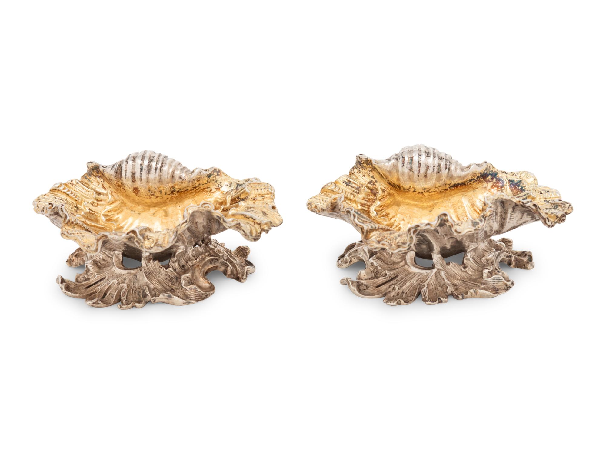 A Pair of William IV Parcel-Gilt Silver Shell-Form Salt Cellars