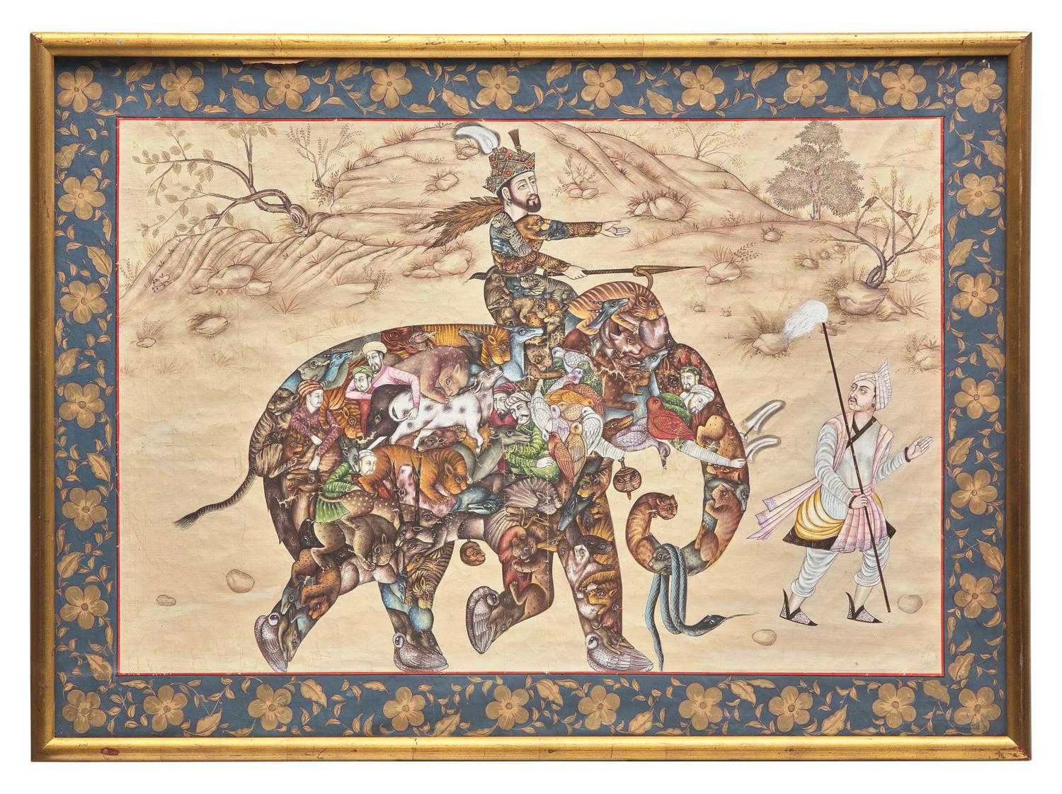 A Mughal Style Indian Painting of a Prince Riding a Composite Elephant