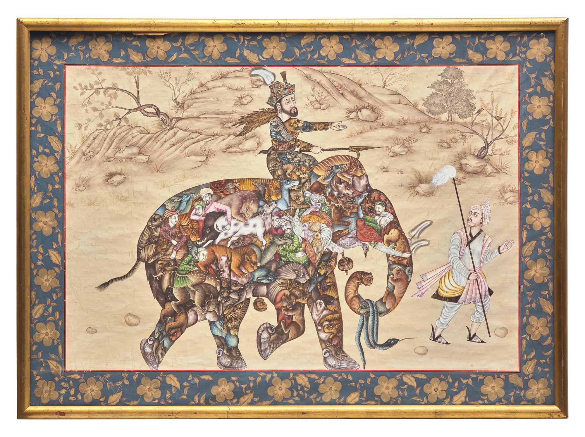 A Mughal Style Indian Painting of a Prince Riding a Composite Elephant