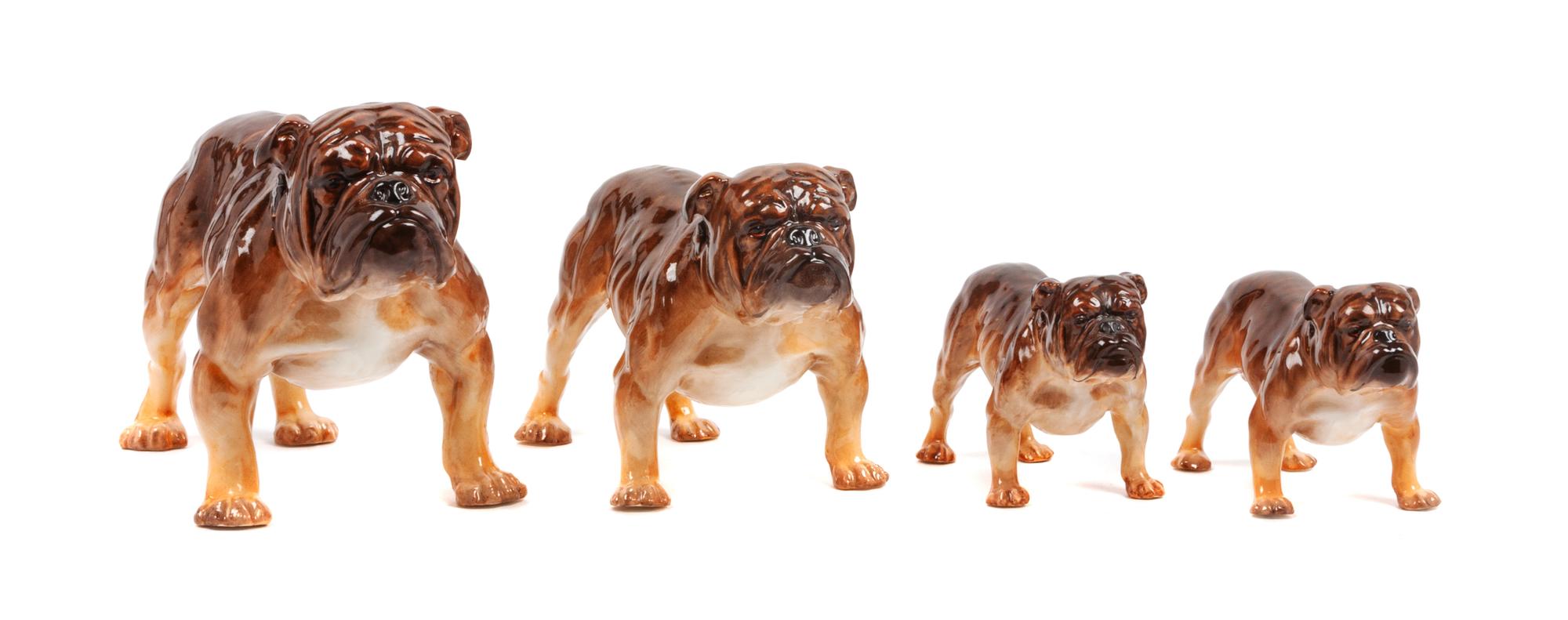 A Group of Four Royal Doulton Bulldogs Width of widest 9 inches.