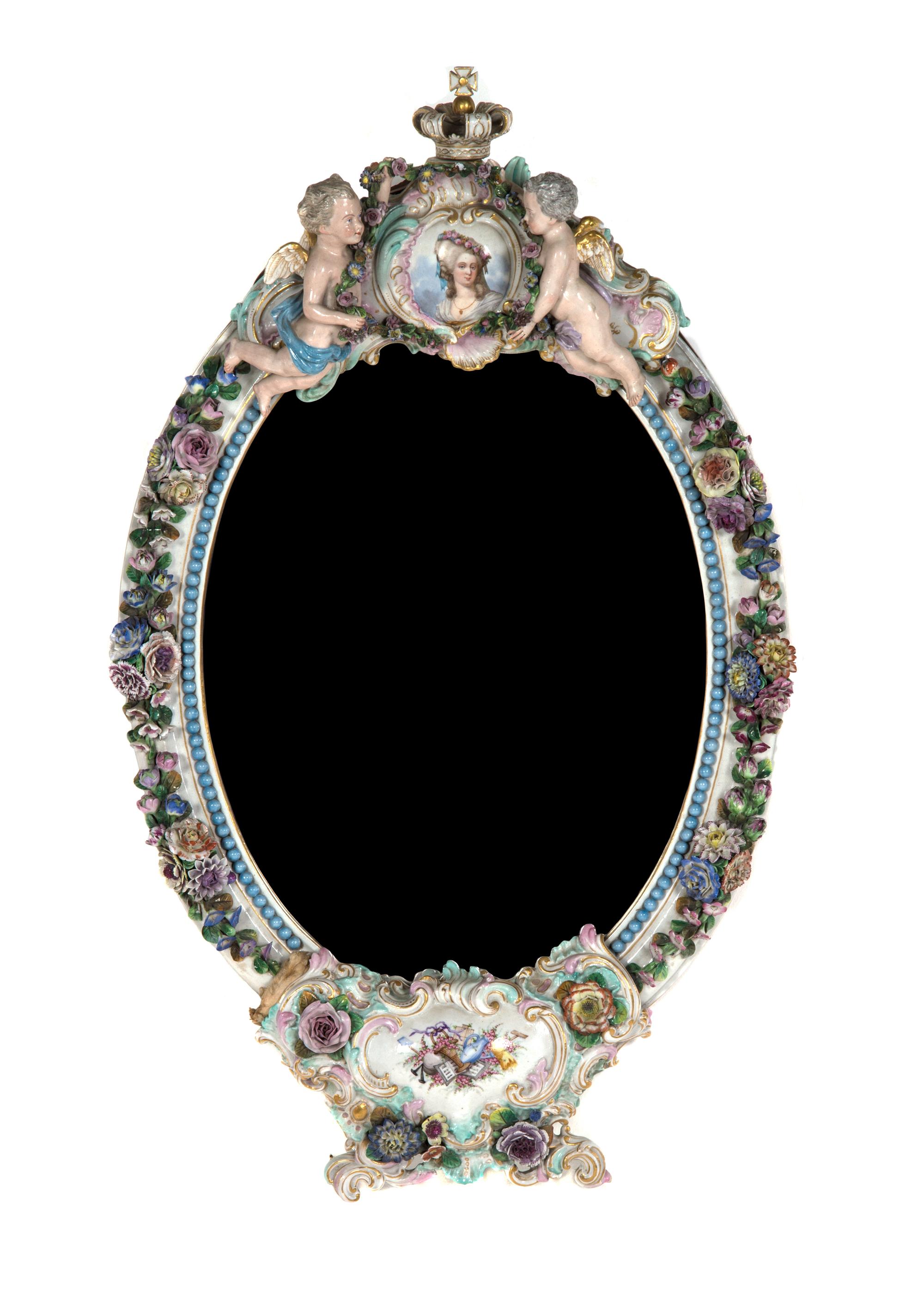 A Dresden Porcelain Mirror, LATE 19TH CENTURY, Height 37 1/2 x width 27 1/2 inches. — LATE 19TH CENTURY,