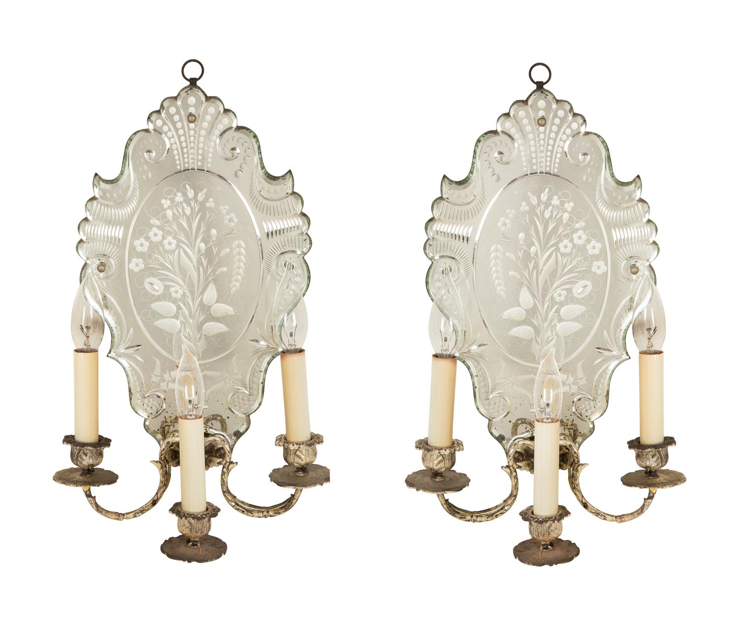 A Pair of Venetian Etched Glass and Silvered Metal Three Light Sconces