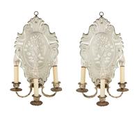 A Pair of Venetian Etched Glass and Silvered Metal Three Light Sconces