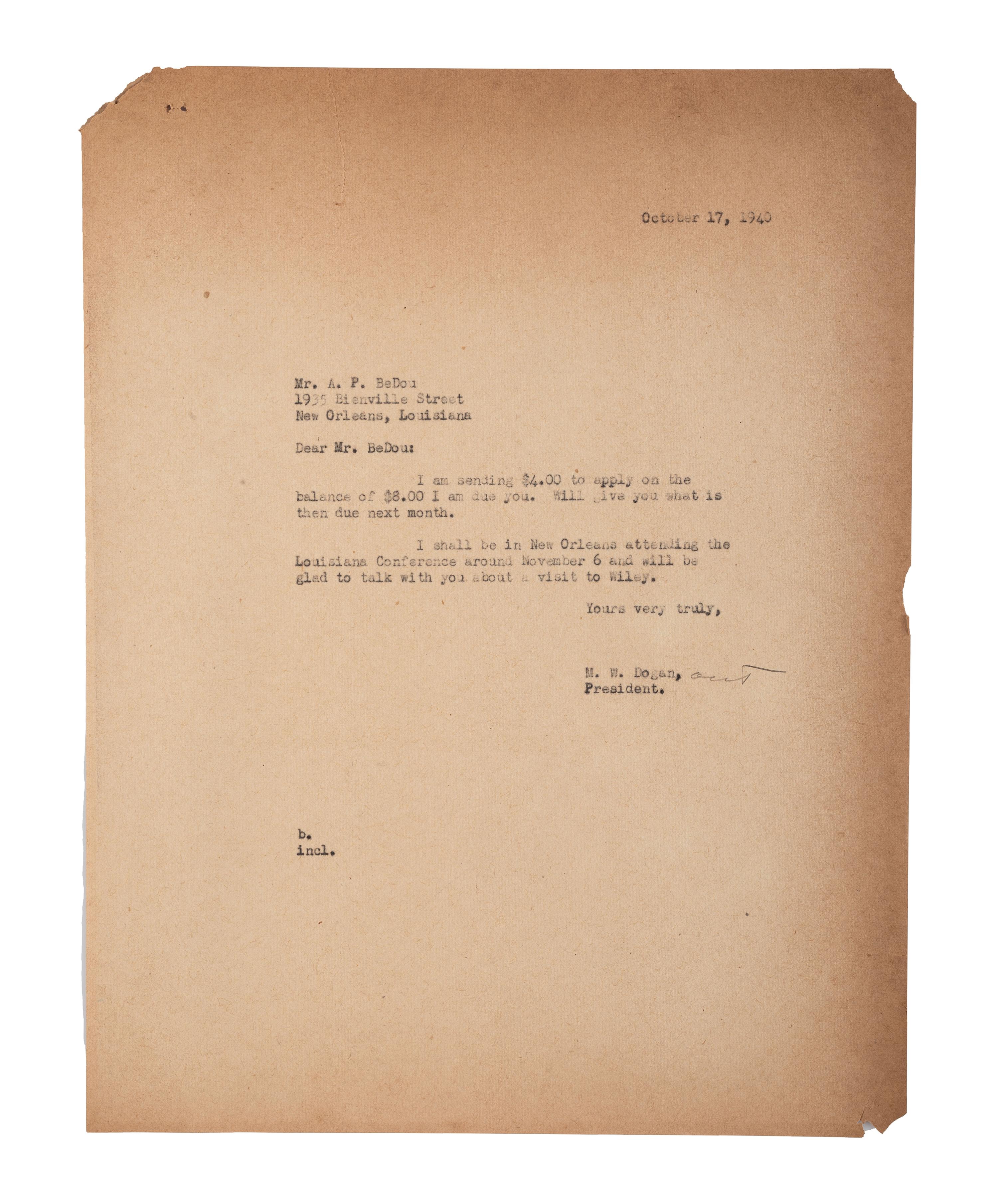 [EARLY PHOTOGRAPHY]. BEDOU, Arthur P. (1882-1966). Autograph letter twice signed ("A.P. Bedou"), Matthew DOGAN (1863-1947), as President of HBCU Wiley College. New Orleans, 15 October 1940.