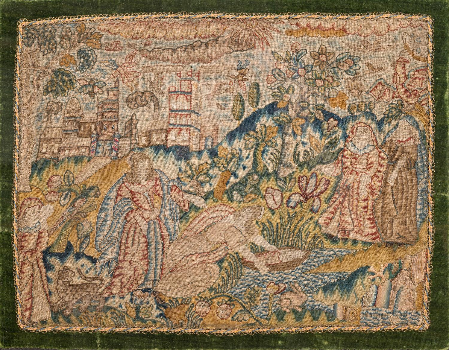 A Charles II Needlework Box Lid Depicting Moses in the Bulrushes