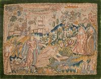 A Charles II Needlework Box Lid Depicting Moses in the Bulrushes