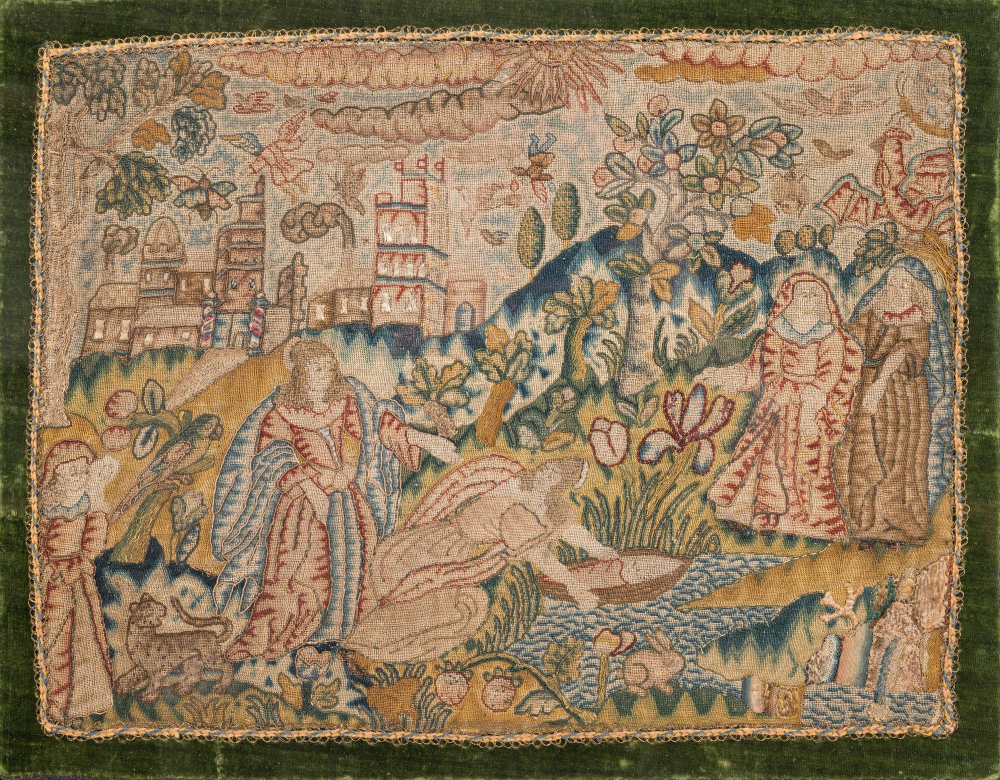 A Charles II Needlework Box Lid Depicting Moses in the Bulrushes