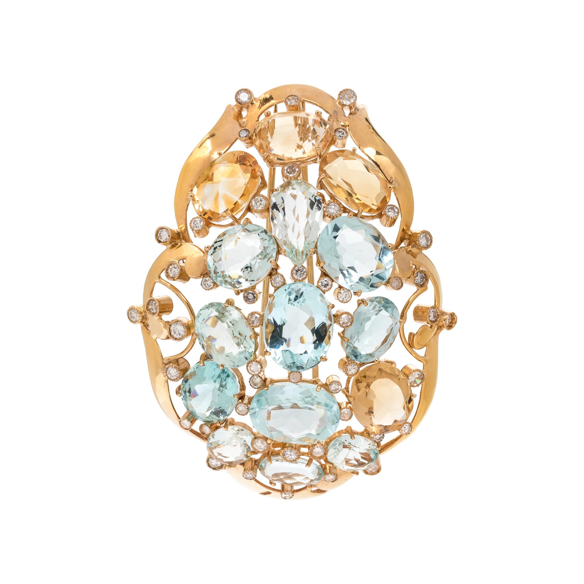 CITRINE, GLASS AND DIAMOND BROOCH