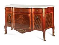 A Louis XVI Style Gilt Bronze Mounted Parquetry and Floral Marquetry Marble-Top Commode
