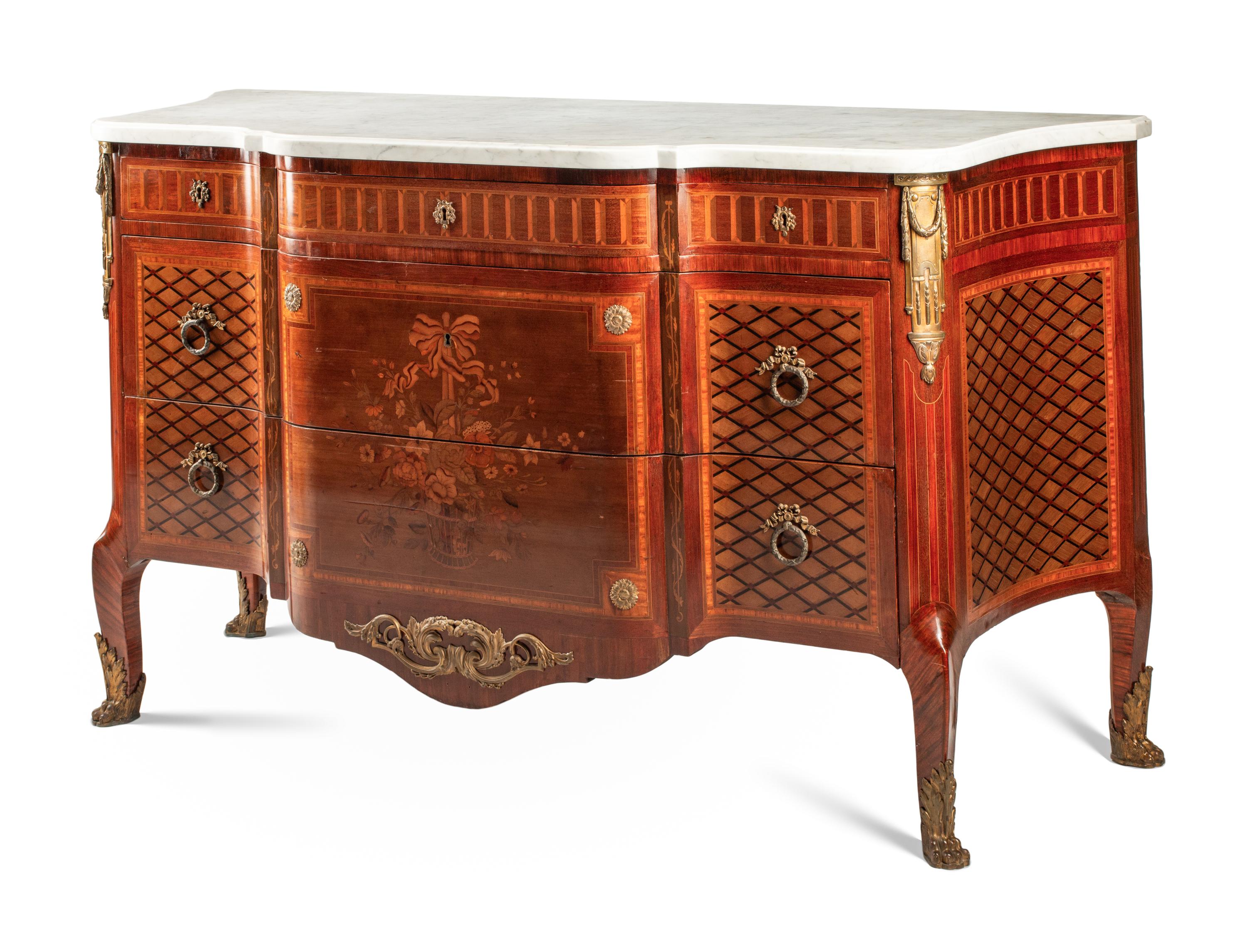 A Louis XVI Style Gilt Bronze Mounted Parquetry and Floral Marquetry Marble-Top Commode