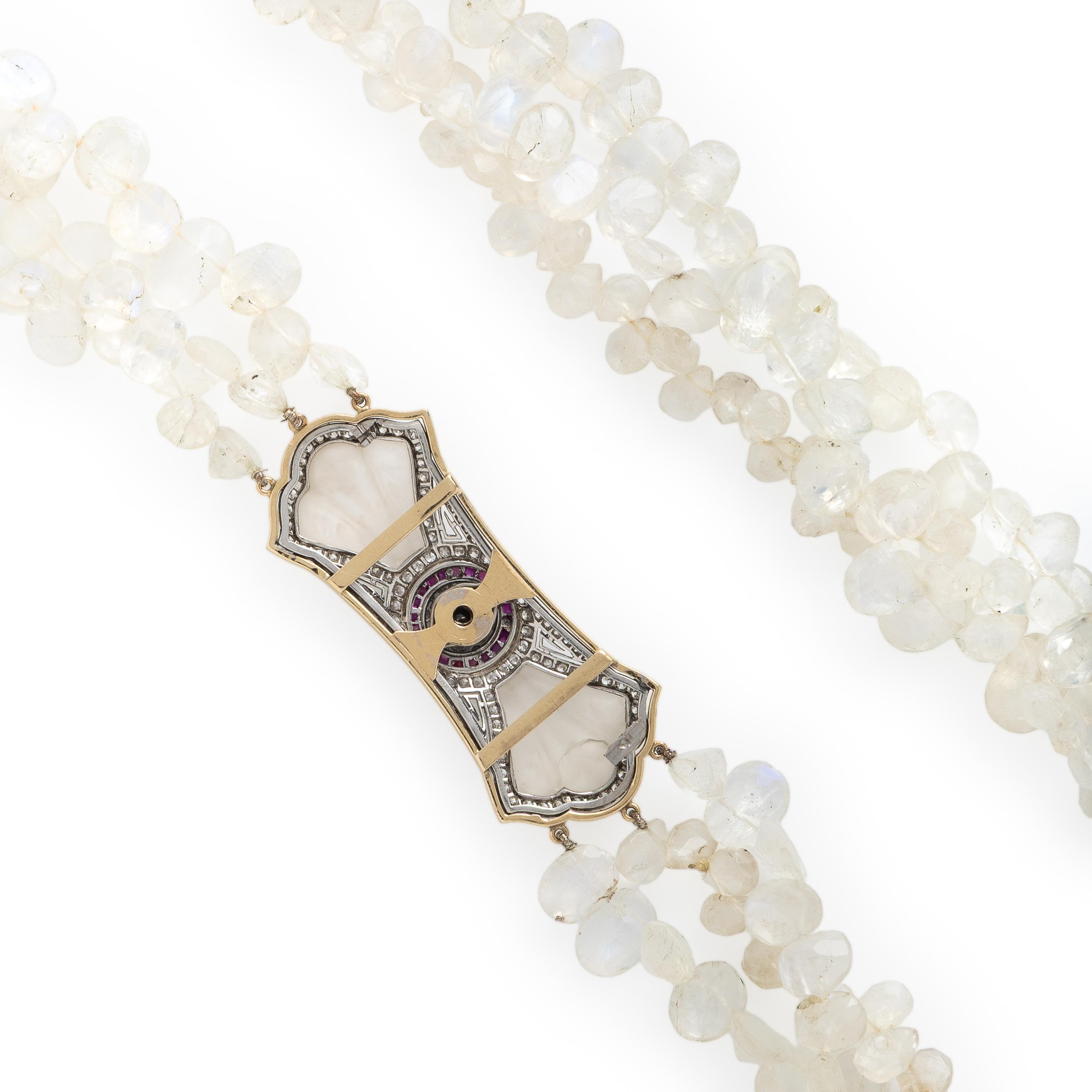 Moonstone, Carved Rock Crystal, Synthetic Ruby, and Diamond Beaded Necklace