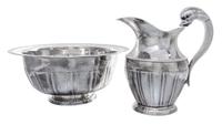 A Portuguese Silver Ewer and Basin, Maria da Gloria, Porto, Circa 1853, the ewer with a dolphin handle, the bowl with a ribbed edge.