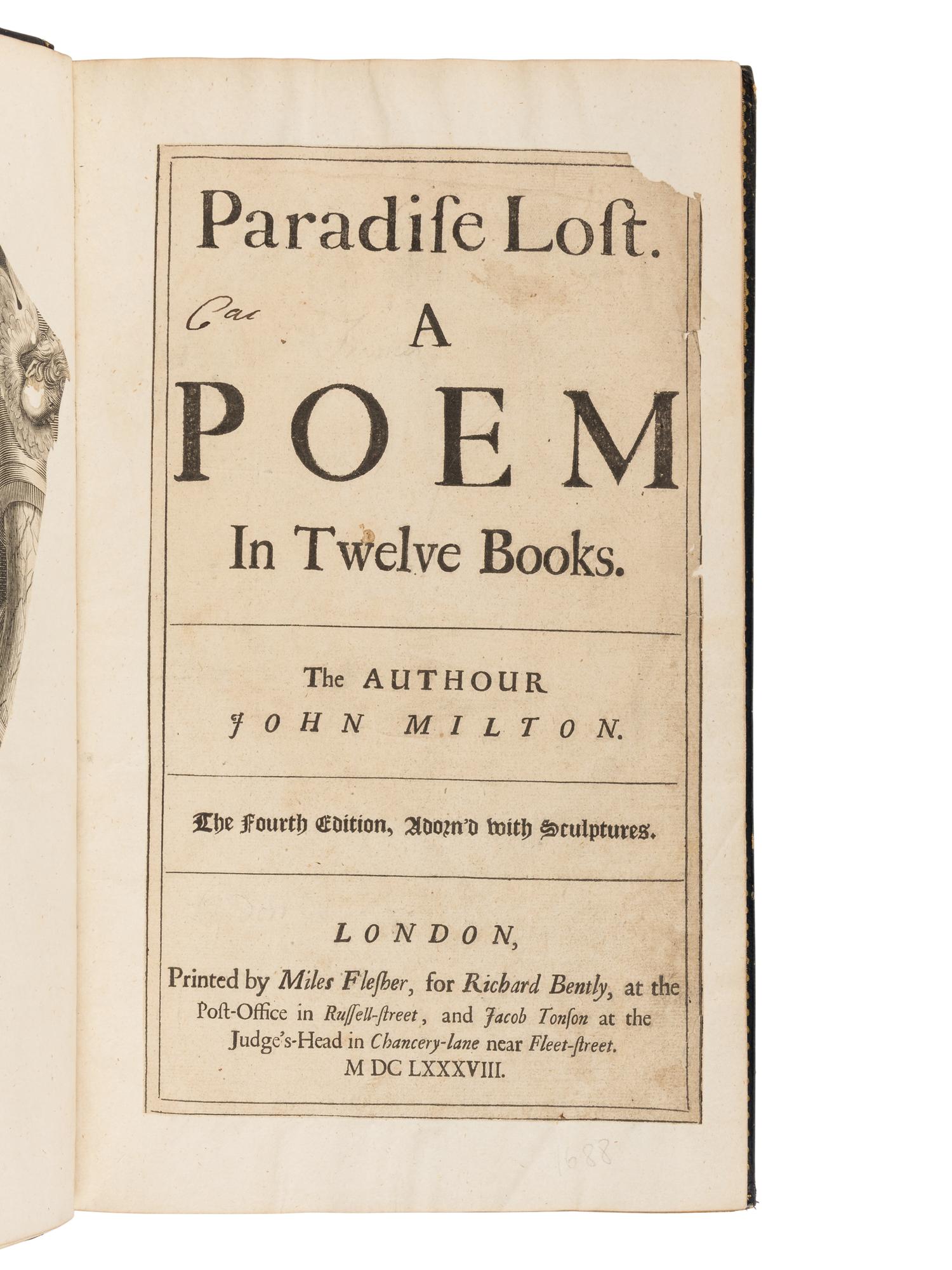 MILTON, John (1608-1674). Paradise Lost a Poem in Twelve Books . London: Miles Flesher for Richard Bently and Jacob Tonson, 1688.