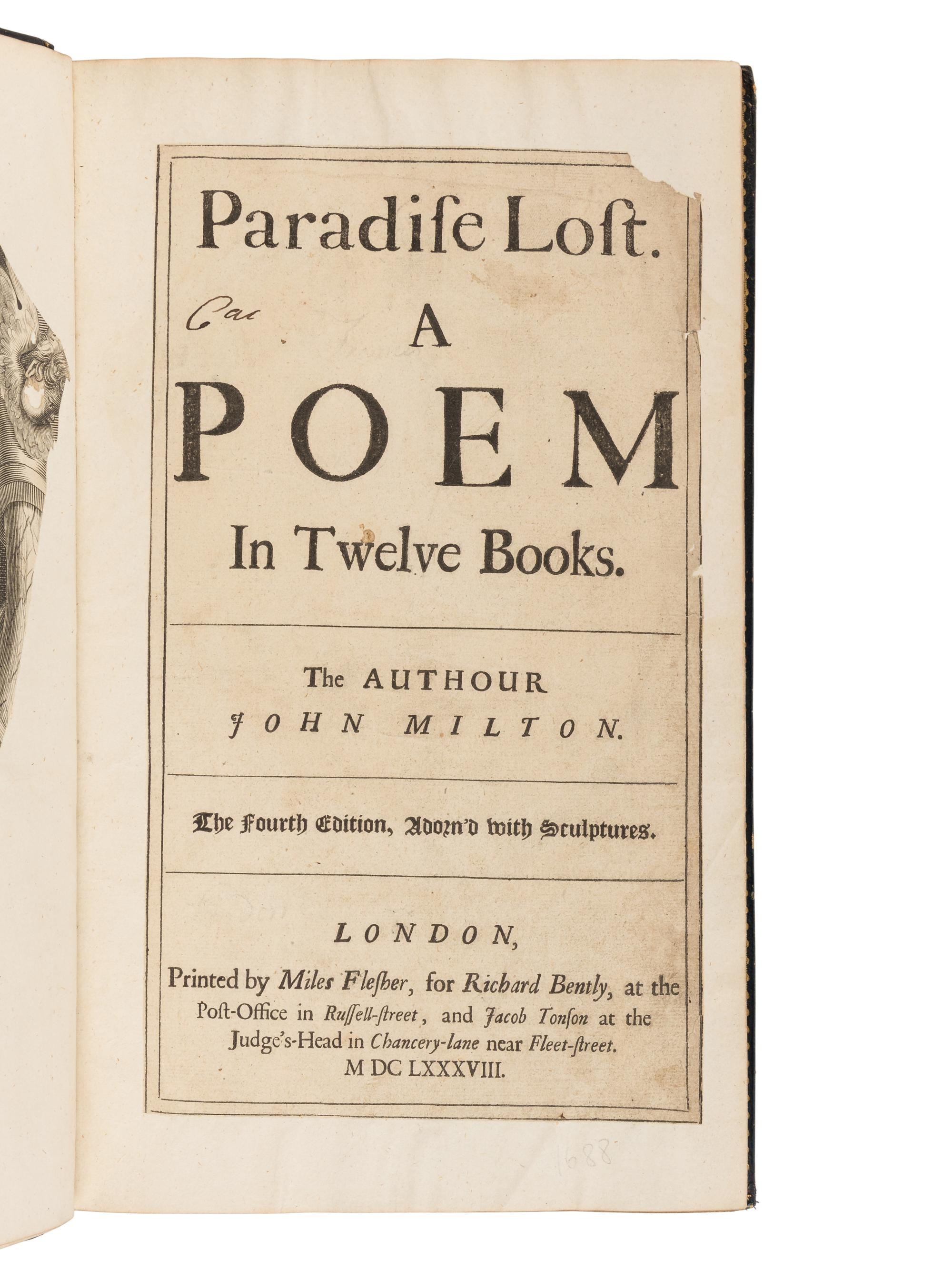 MILTON, John (1608-1674). Paradise Lost a Poem in Twelve Books . London: Miles Flesher for Richard Bently and Jacob Tonson, 1688.
