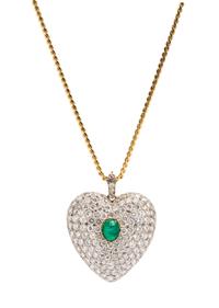 A Platinum Topped Yellow Gold, Diamond and Emerald Heart Pendant, 20.00 dwts.