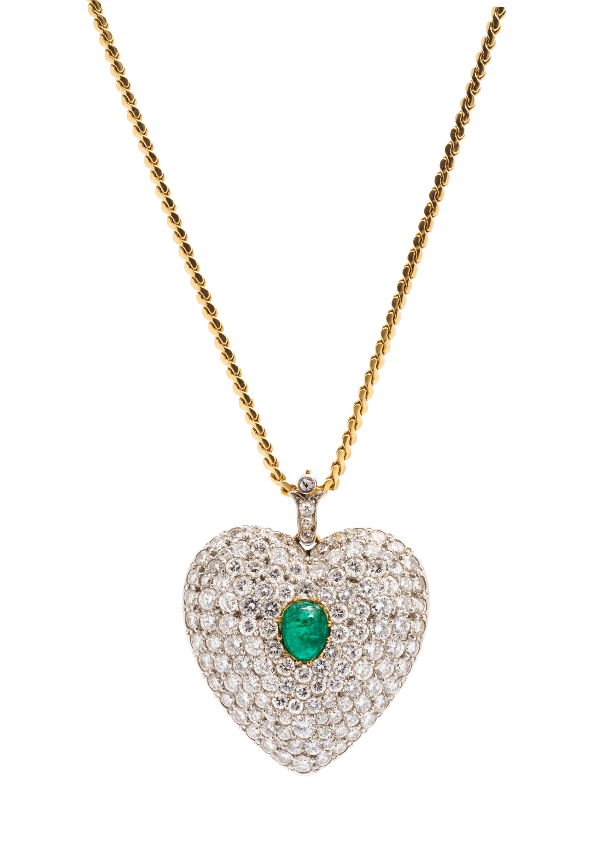 A Platinum Topped Yellow Gold, Diamond and Emerald Heart Pendant, 20.00 dwts.