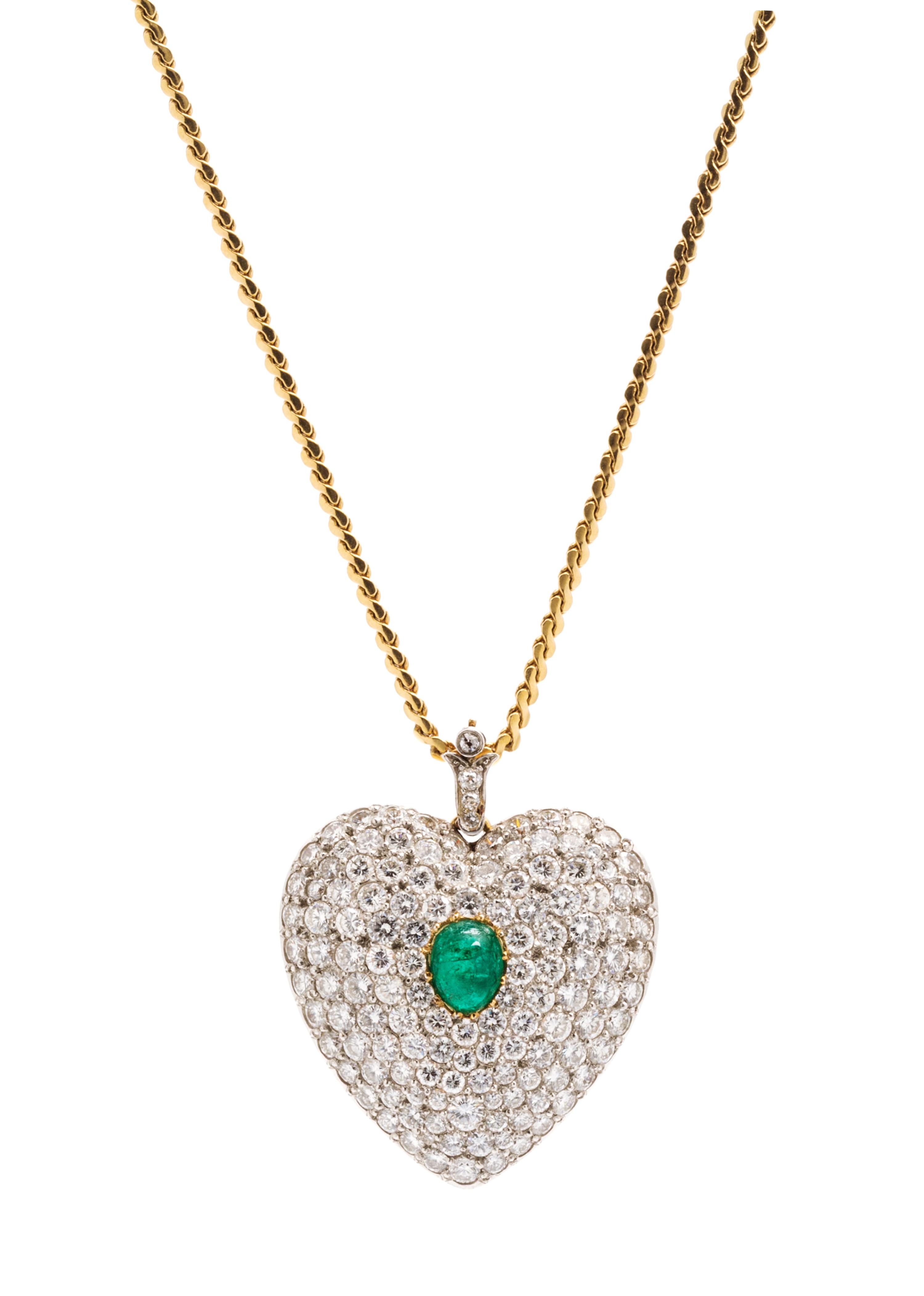 A Platinum Topped Yellow Gold, Diamond and Emerald Heart Pendant, 20.00 dwts.