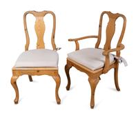 A Set of Twelve Queen Anne Style Rush Seat Pine Dining Chairs