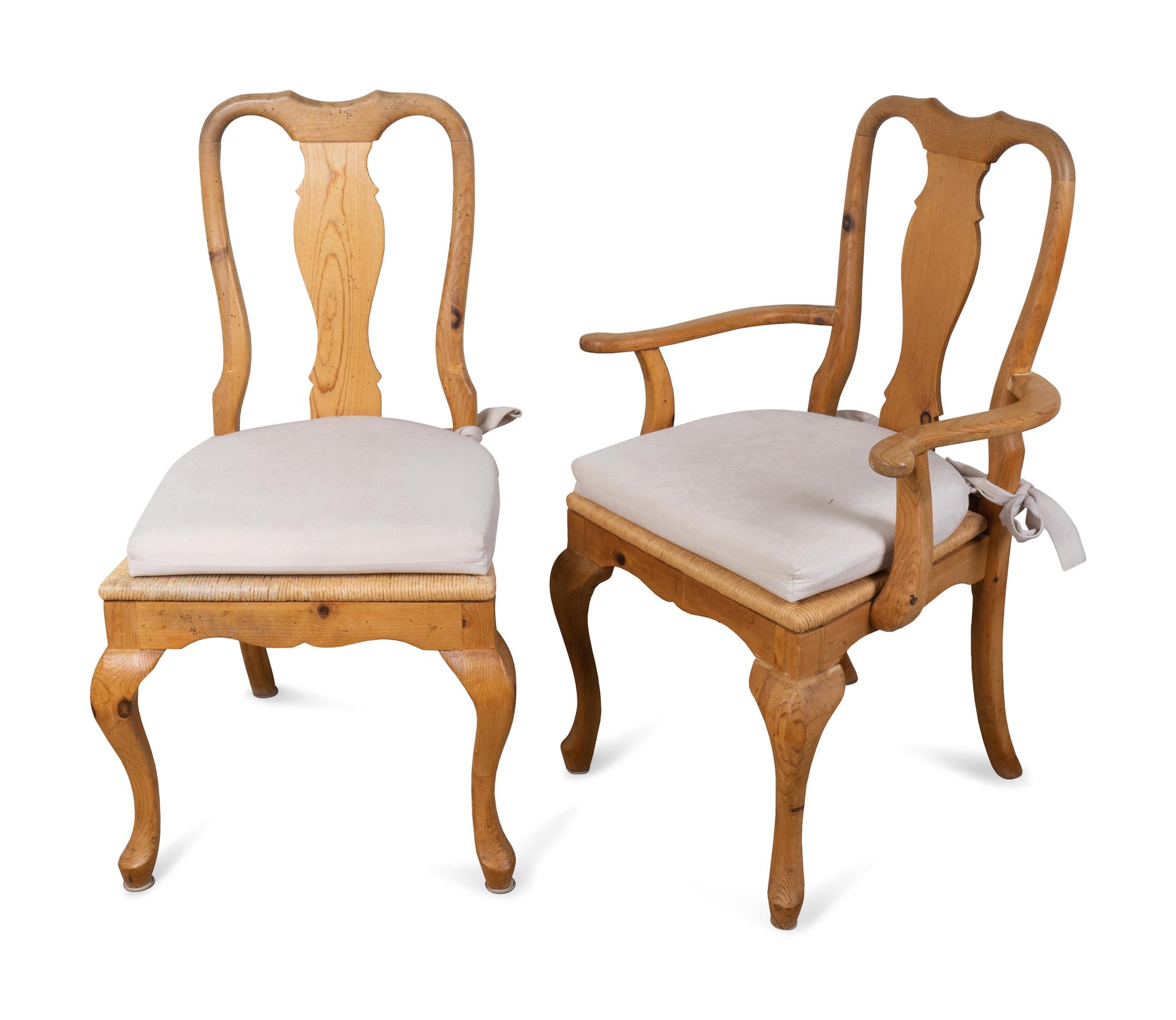A Set of Twelve Queen Anne Style Rush Seat Pine Dining Chairs