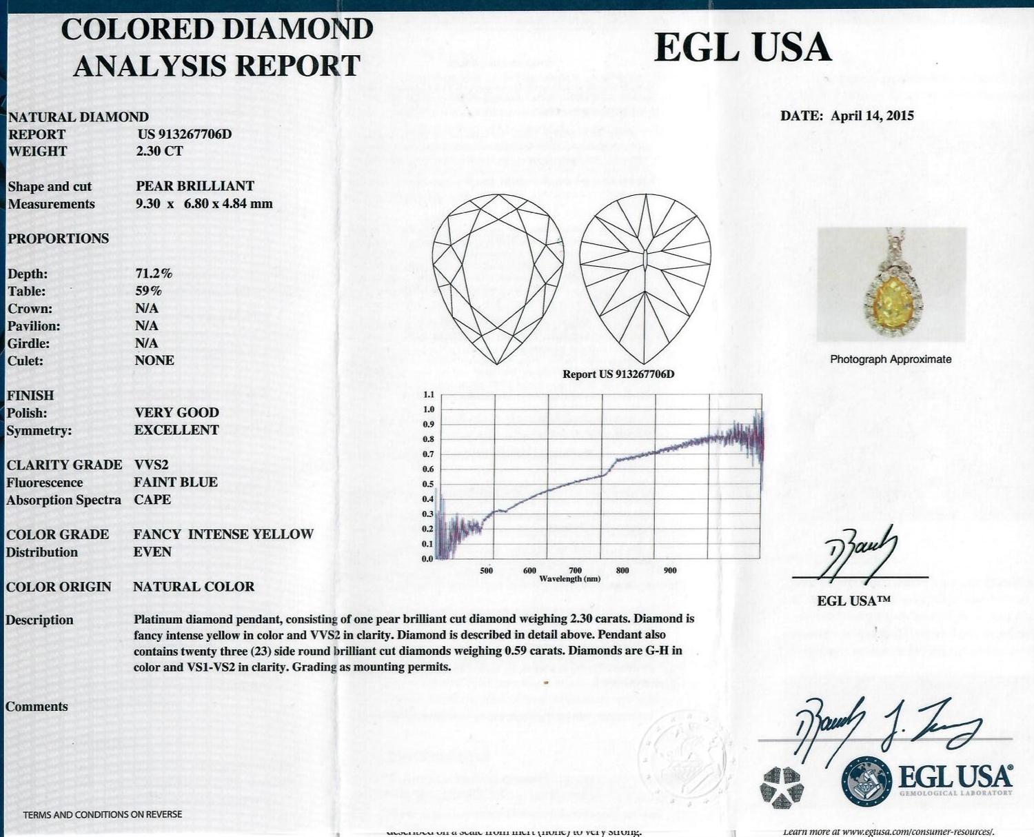 A Bicolor Gold, Fancy Intense Yellow Diamond and Diamond Pendant/Necklace, 2.70 dwts.