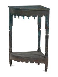 An Early Victorian Blue Painted Pine and Maple Corner Washstand