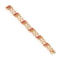 YELLOW GOLD, CULTURED PEARL AND RUBY BRACELET