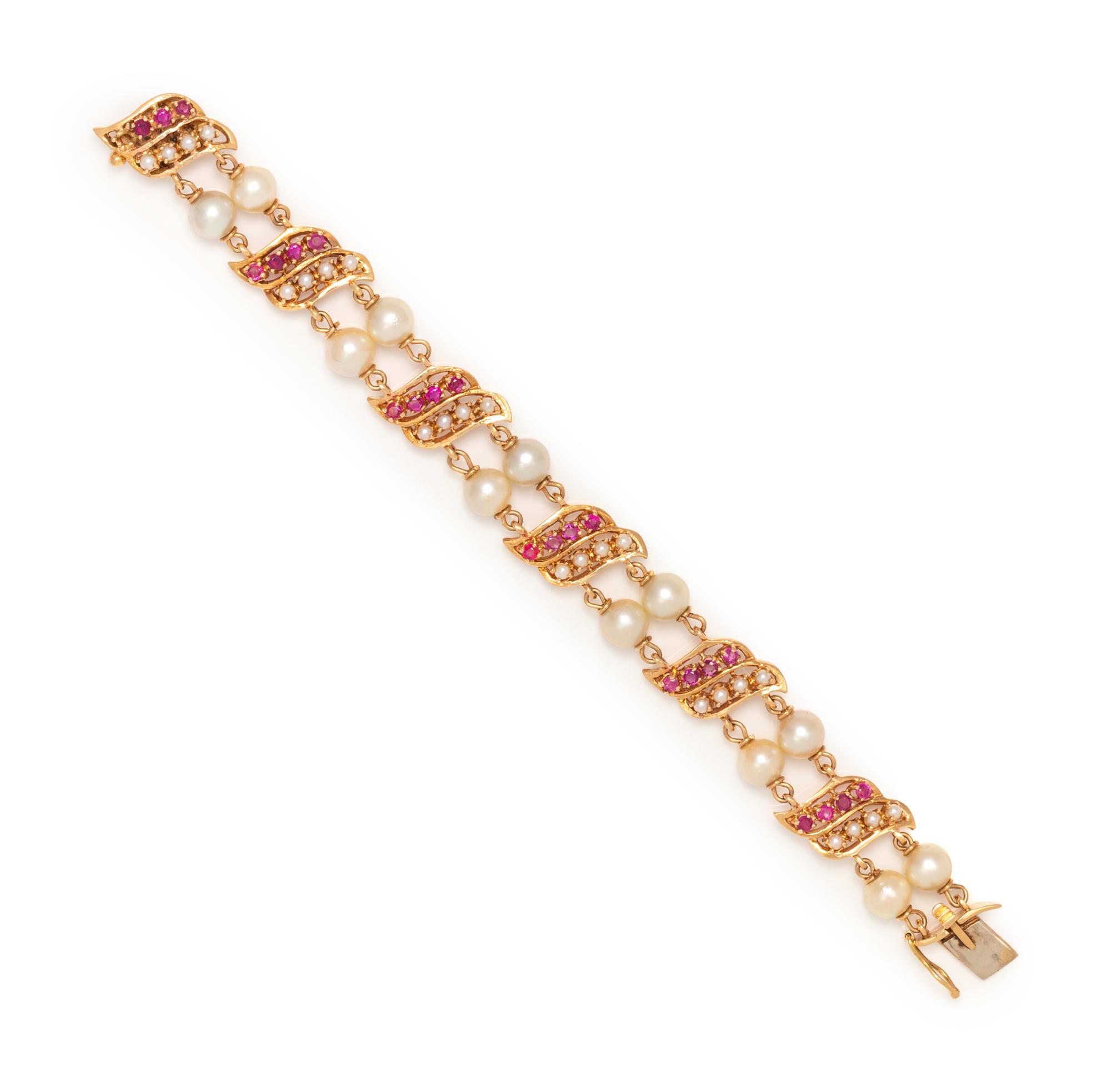 YELLOW GOLD, CULTURED PEARL AND RUBY BRACELET