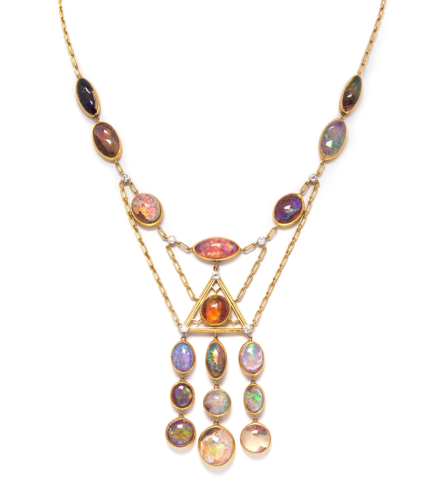 An Arts and Crafts Yellow Gold, Platinum, Opal and Diamond Necklace, Tiffany & Co., Circa 1910, 16.10 dwts.