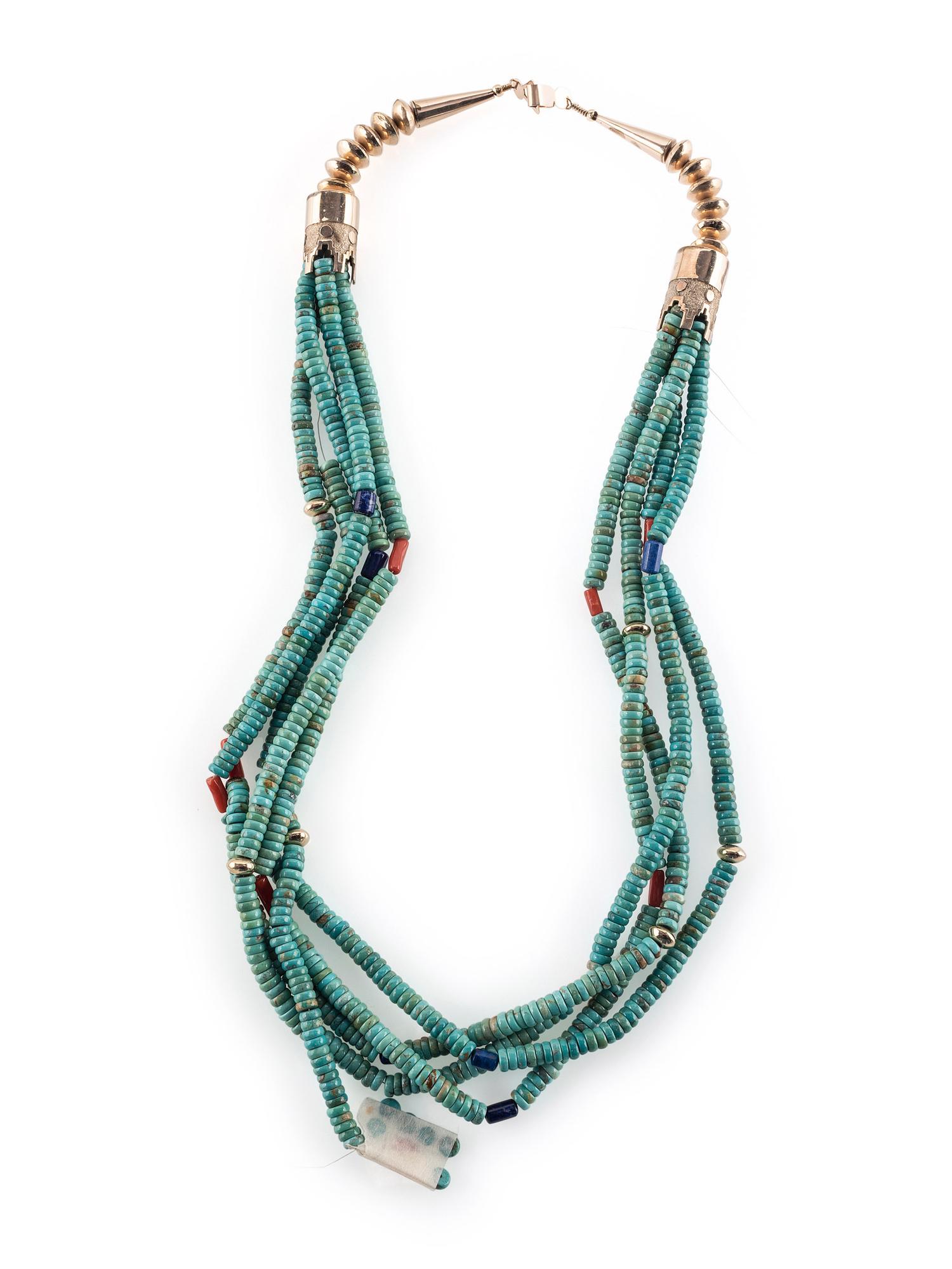 14K Gold Multi-strand Necklace, with Turquoise, Lapis, and Coral
