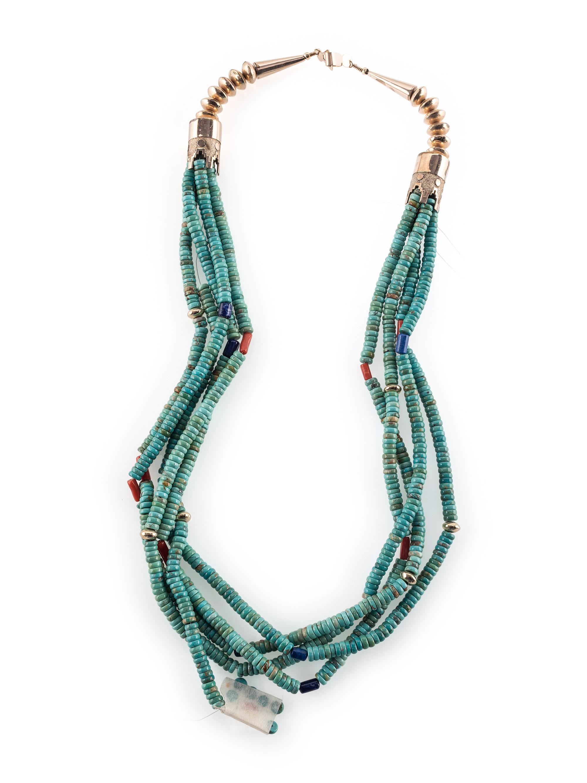 14K Gold Multi-strand Necklace, with Turquoise, Lapis, and Coral