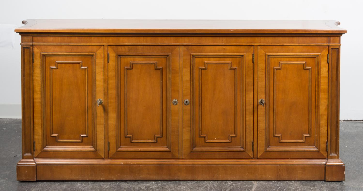A Kindel Fruitwood Sideboard Height 31 1/4 x width 74 1/4 x depth 18 1/2 inches.