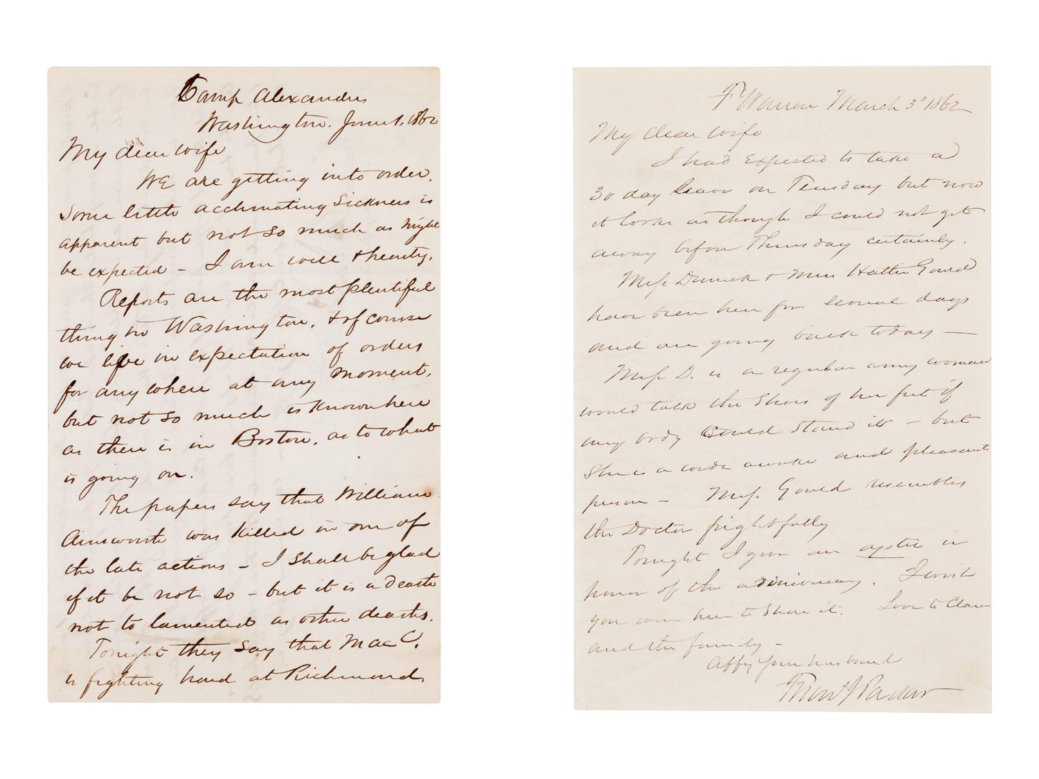 [CIVIL WAR]. Illustrated union officer letter. Autograph letter signed ("Frank"), to "my dear wife." Camp Alexander, Washington, 1 June 1862.