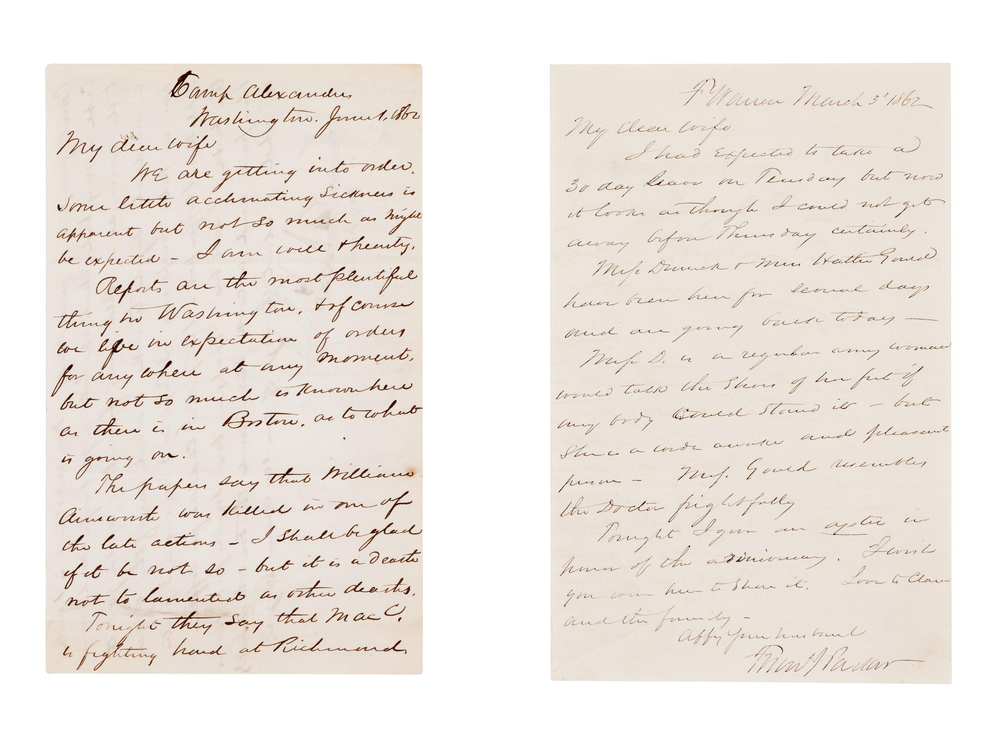 [CIVIL WAR]. Illustrated union officer letter. Autograph letter signed ("Frank"), to "my dear wife." Camp Alexander, Washington, 1 June 1862.