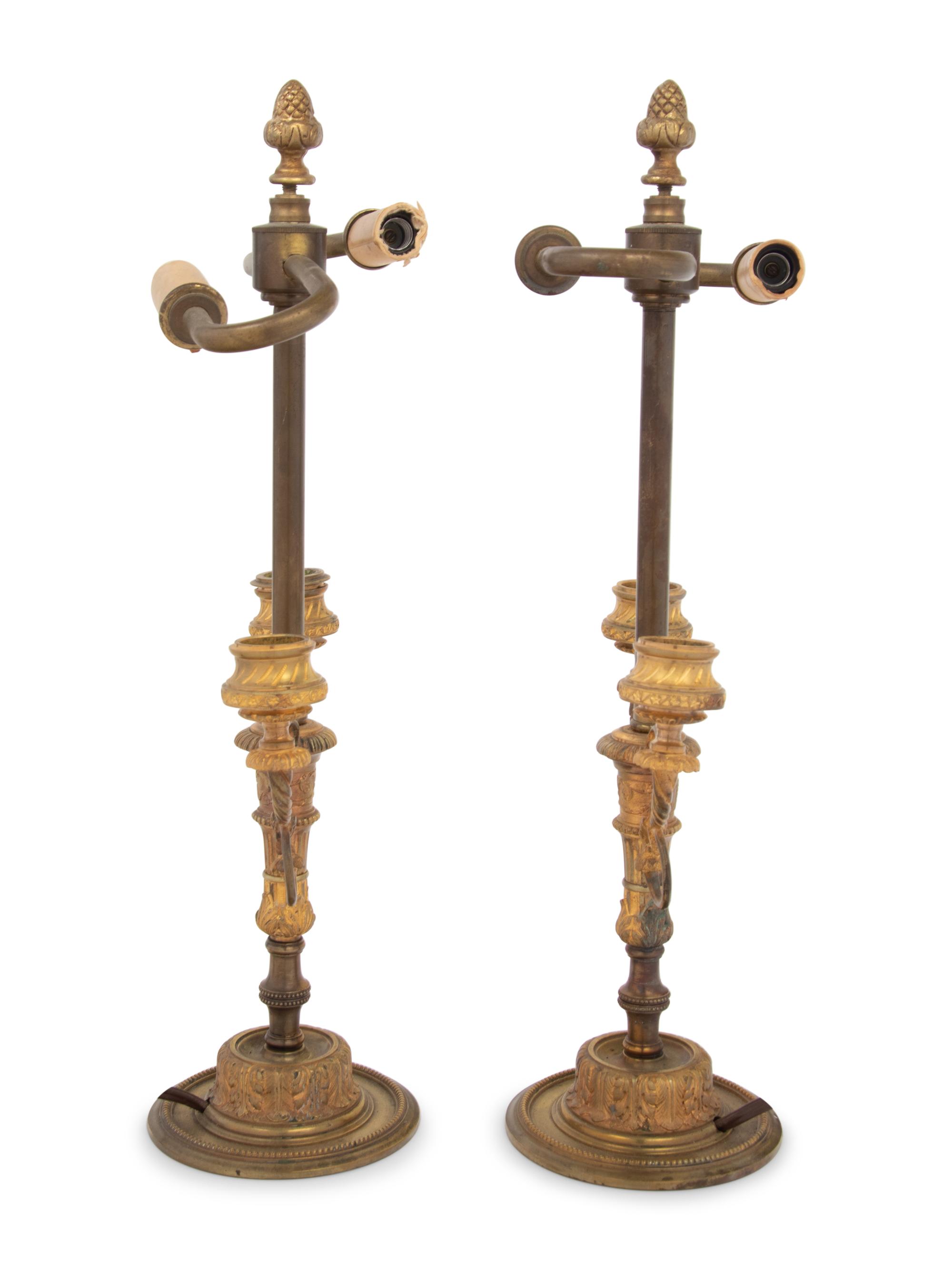 A Pair of French Gilt Bronze Two-Light Candelabra Mounted as Lamps