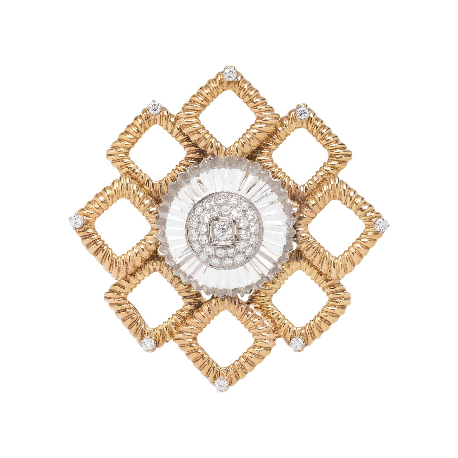 YELLOW GOLD, ROCK CRYSTAL AND DIAMOND BROOCH