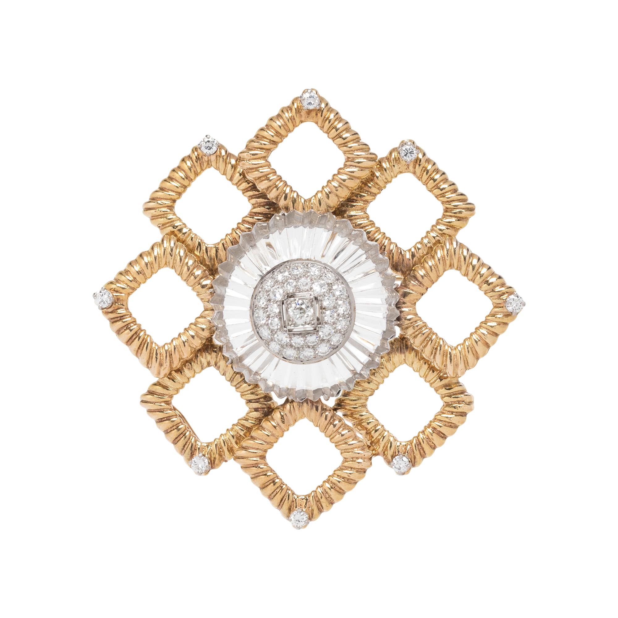 YELLOW GOLD, ROCK CRYSTAL AND DIAMOND BROOCH