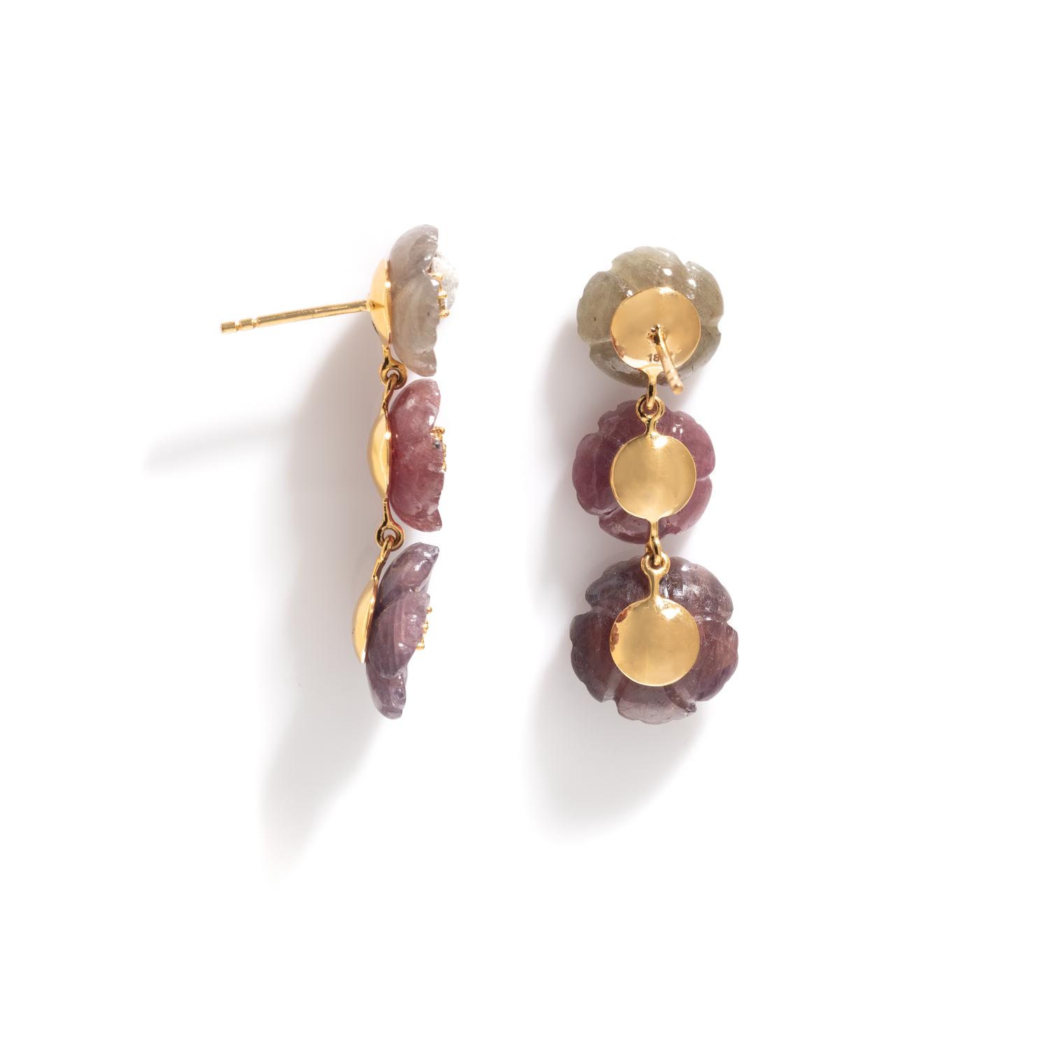 CARVED SAPPHIRE AND DIAMOND FLOWER EARRINGS