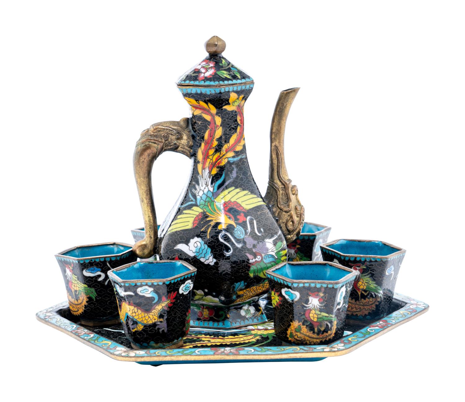 A Set of Eight Chinese Cloisonné Enamel 'Dragon and Phoenix' Wine Ewer and Cups
