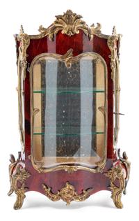 A Diminutive French Gilt Metal Mounted Tortoise Shell Vitrine Cabinet Height 14 inches. — 19TH CENTURY